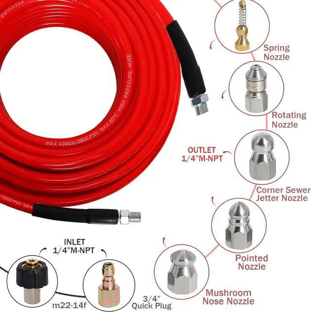 Alt view image 2 of 7 - Sewer Jetter Kit for Pressure Washer 200FT, 5800PSI Drain Cleaner Hose 1/4 Inch NPT Corner with 5 Sewer Jetting Nozzles,Waterproof Tape,Pearl Corsage Pin & 2 Spanners (Red)