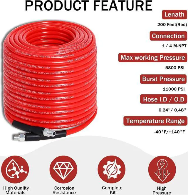 Alt view image 4 of 7 - Sewer Jetter Kit for Pressure Washer 200FT, 5800PSI Drain Cleaner Hose 1/4 Inch NPT Corner with 5 Sewer Jetting Nozzles,Waterproof Tape,Pearl Corsage Pin & 2 Spanners (Red)