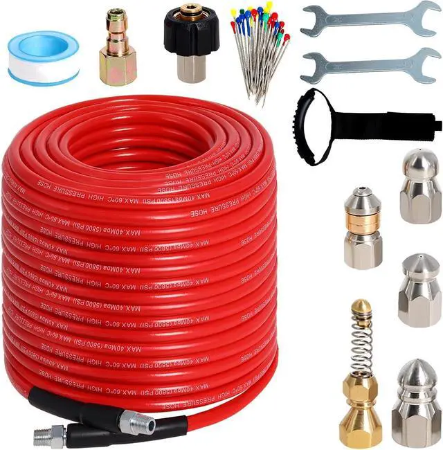 Main image of Sewer Jetter Kit for Pressure Washer 200FT, 5800PSI Drain Cleaner Hose 1/4 Inch NPT Corner with 5 Sewer Jetting Nozzles,Waterproof Tape,Pearl Corsage Pin & 2 Spanners (Red)