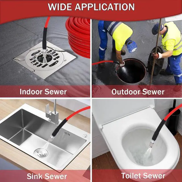 Alt view image 3 of 7 - Sewer Jetter Kit for Pressure Washer 200FT, 5800PSI Drain Cleaner Hose 1/4 Inch NPT Corner with 5 Sewer Jetting Nozzles,Waterproof Tape,Pearl Corsage Pin & 2 Spanners (Red)