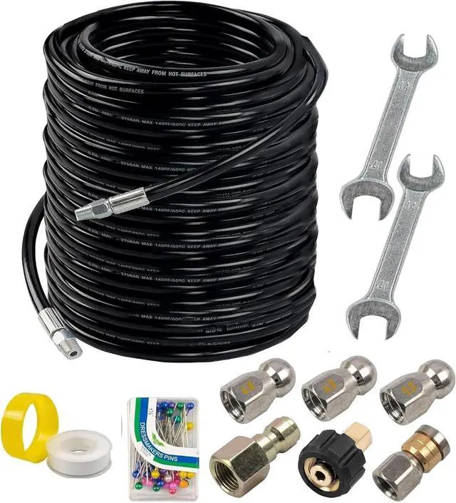 Main image of Sewer Jetter Kit for Pressure Washer 200FT, Drain Cleaner Hose 1/4 Inch NPT, Orifice 4.0 Button Nose and Rotating Sewer Jetting Nozzle Spanner Tape Pearl Corsage Pin, 4000 PSI