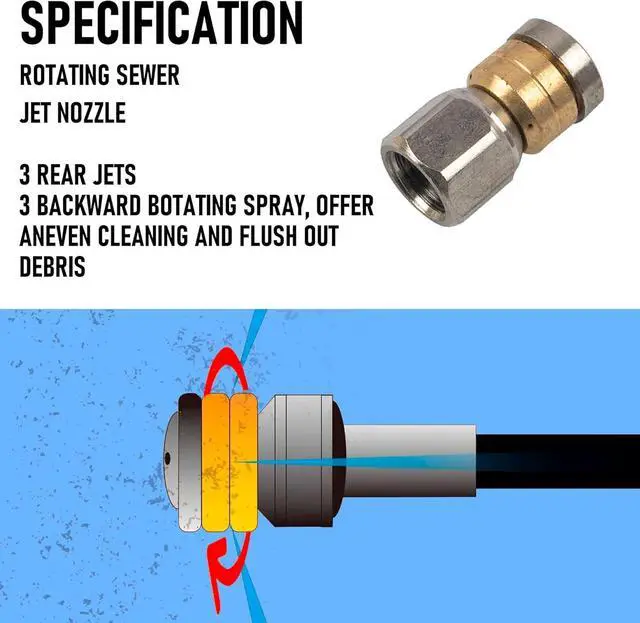 Alt view image 3 of 7 - Sewer Jetter Kit for Pressure Washer 200FT, Drain Cleaner Hose 1/4 Inch NPT, Orifice 4.0 Button Nose and Rotating Sewer Jetting Nozzle Spanner Tape Pearl Corsage Pin, 4000 PSI