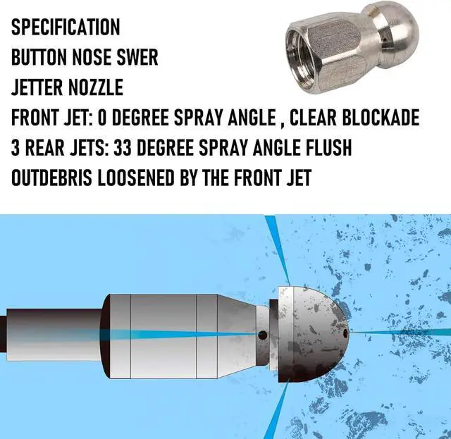 Alt view image 7 of 7 - Sewer Jetter Kit for Pressure Washer 200FT, Drain Cleaner Hose 1/4 Inch NPT, Orifice 4.0 Button Nose and Rotating Sewer Jetting Nozzle Spanner Tape Pearl Corsage Pin, 4000 PSI