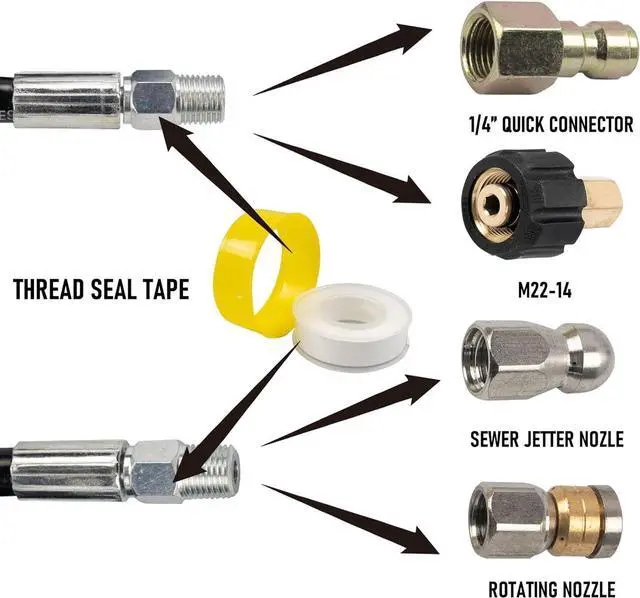 Alt view image 4 of 7 - Sewer Jetter Kit for Pressure Washer 150FT, Drain Cleaner Hose 1/4 Inch NPT, Orifice 4.0 Button Nose and Rotating Sewer Jetting Nozzle Spanner Tape Pearl Corsage Pin, 4000 PSI