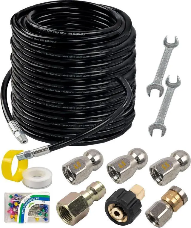 Main image of Sewer Jetter Kit for Pressure Washer 150FT, Drain Cleaner Hose 1/4 Inch NPT, Orifice 4.0 Button Nose and Rotating Sewer Jetting Nozzle Spanner Tape Pearl Corsage Pin, 4000 PSI