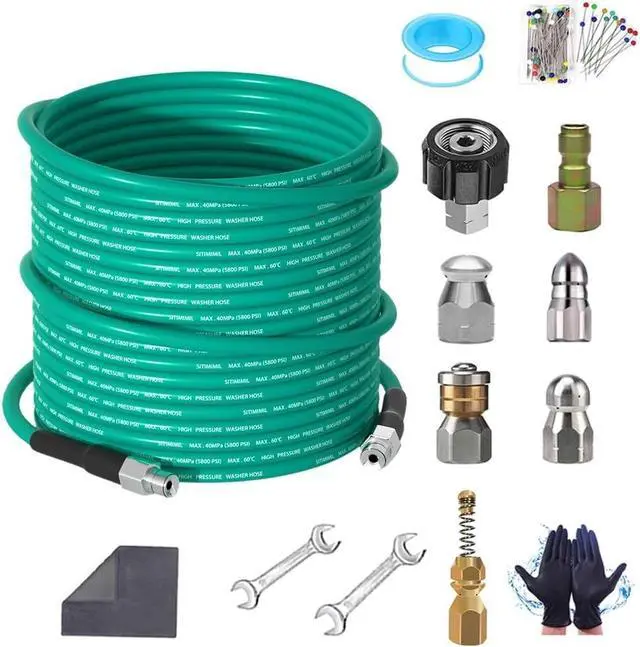 Main image of 200FT Sewer Jetter Kit for Pressure Washer,1/4NPT Drain Cleaner Hose 5800PSI, with Adapter Corner Rotating Button Nose Sewer Jetting Nozzles Kit Pearl Corsage Pin Spanner Waterproof Tape
