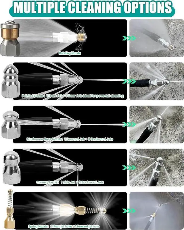 Alt view image 6 of 7 - 150FT Sewer Jetter Kit for Pressure Washer,1/4NPT Drain Cleaner Hose 5800PSI, with Adapter Corner Rotating Button Nose Sewer Jetting Nozzles Kit Pearl Corsage Pin Spanner Waterproof Tape
