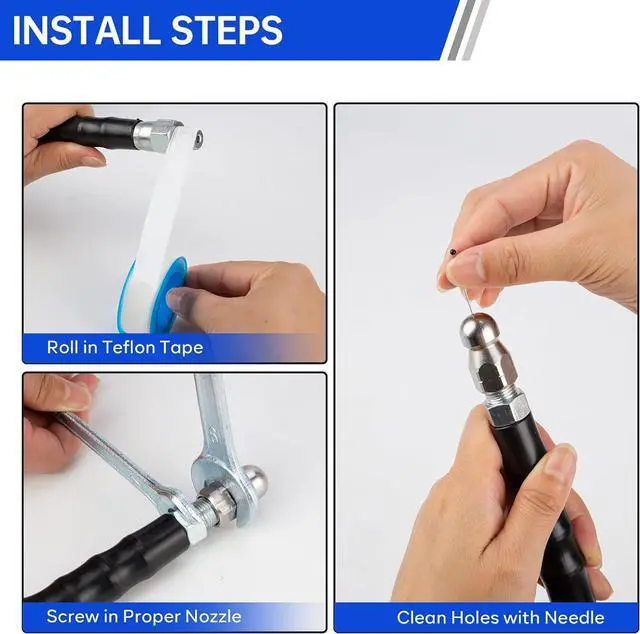 Alt view image 6 of 6 - Sewer Jetter Kit 100FT for Pressure Washer, Pressure Washer Drain Jetter with 5800PSI Cleaner Hose 1/4 Inch NPT, Corner, Rotating & Button Nose Sewer Jetting Nozzle Spanner Waterproof Tape Pearl Pin