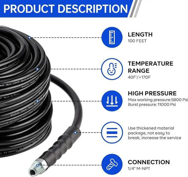 Alt view image 3 of 6 - Sewer Jetter Kit 100FT for Pressure Washer, Pressure Washer Drain Jetter with 5800PSI Cleaner Hose 1/4 Inch NPT, Corner, Rotating & Button Nose Sewer Jetting Nozzle Spanner Waterproof Tape Pearl Pin