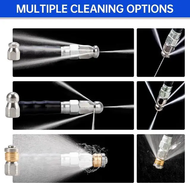 Alt view image 4 of 6 - Sewer Jetter Kit 100FT for Pressure Washer, Pressure Washer Drain Jetter with 5800PSI Cleaner Hose 1/4 Inch NPT, Corner, Rotating & Button Nose Sewer Jetting Nozzle Spanner Waterproof Tape Pearl Pin