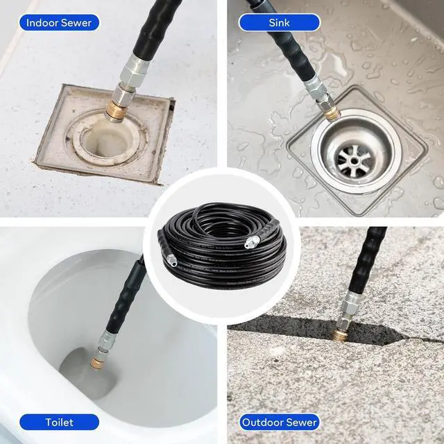 Alt view image 5 of 6 - Sewer Jetter Kit 100FT for Pressure Washer, Pressure Washer Drain Jetter with 5800PSI Cleaner Hose 1/4 Inch NPT, Corner, Rotating & Button Nose Sewer Jetting Nozzle Spanner Waterproof Tape Pearl Pin