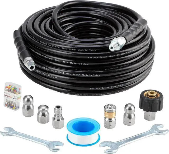 Main image of Sewer Jetter Kit 100FT for Pressure Washer, Pressure Washer Drain Jetter with 5800PSI Cleaner Hose 1/4 Inch NPT, Corner, Rotating & Button Nose Sewer Jetting Nozzle Spanner Waterproof Tape Pearl Pin