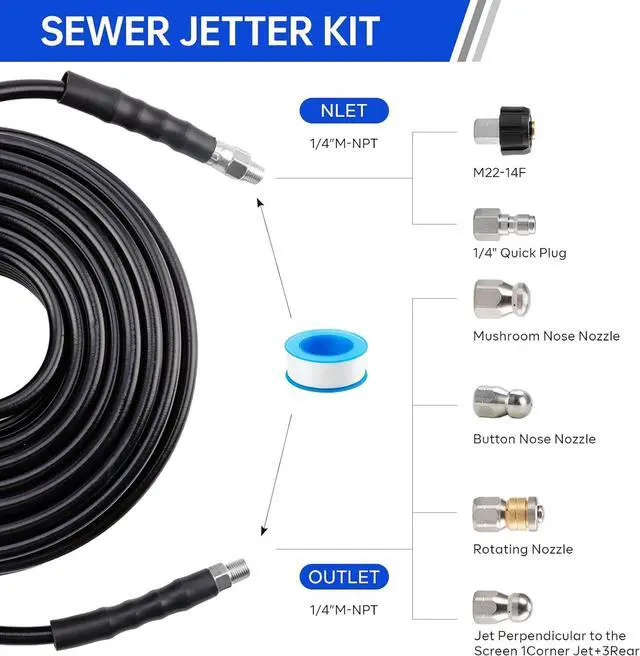 Alt view image 2 of 6 - Sewer Jetter Kit 100FT for Pressure Washer, Pressure Washer Drain Jetter with 5800PSI Cleaner Hose 1/4 Inch NPT, Corner, Rotating & Button Nose Sewer Jetting Nozzle Spanner Waterproof Tape Pearl Pin