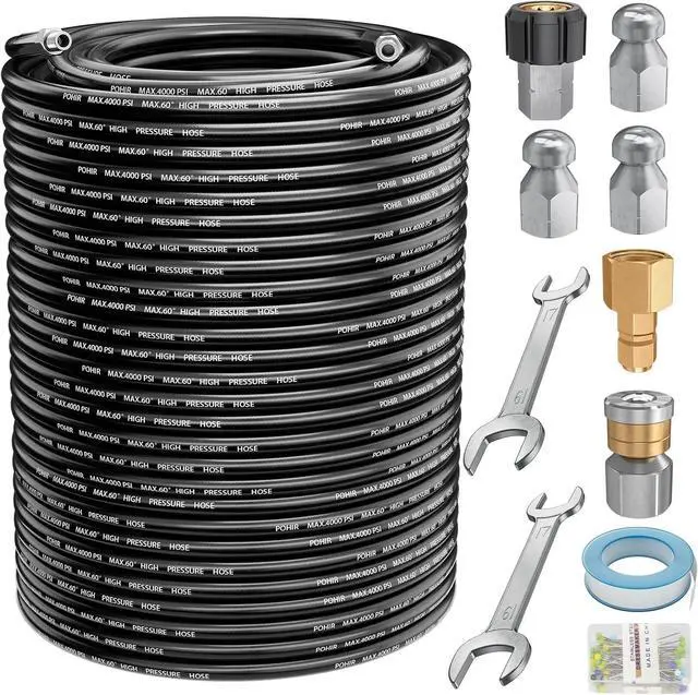 Main image of Sewer Jetter Kit 150FT for Pressure Washer 4000PSI Hydrojet Drain Cleaning Kit with Button Nose 1/4 Inch NPT Rotating Sewer Jet Nozzle Spanner Waterproof Tape Pearl Corsage Pin