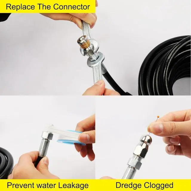 Alt view image 4 of 7 - Sewer Jetter Kit 100FT for Pressure Washer 4000PSI Hydrojet Drain Cleaning Kit with Button Nose 1/4 Inch NPT Rotating Sewer Jet Nozzle Spanner Waterproof Tape Pearl Corsage Pin