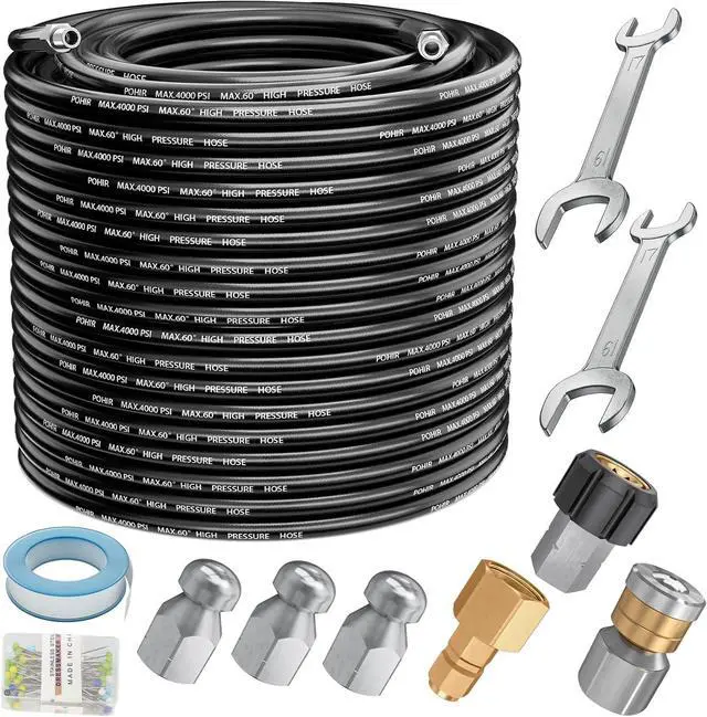 Main image of Sewer Jetter Kit 100FT for Pressure Washer 4000PSI Hydrojet Drain Cleaning Kit with Button Nose 1/4 Inch NPT Rotating Sewer Jet Nozzle Spanner Waterproof Tape Pearl Corsage Pin