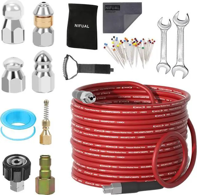 Main image of Pressure Washer Cleaning Kit Sewer Jetter Kit for 1/4 Inch NPT Corner Max Working Pressure Drain Cleaner Hose 5800 PSI Durable Sewer Blasting Hose 5 Sewer Blasting Nozzles (150FT)