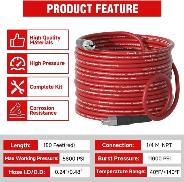 Alt view image 6 of 7 - Pressure Washer Cleaning Kit Sewer Jetter Kit for 1/4 Inch NPT Corner Max Working Pressure Drain Cleaner Hose 5800 PSI Durable Sewer Blasting Hose 5 Sewer Blasting Nozzles (150FT)