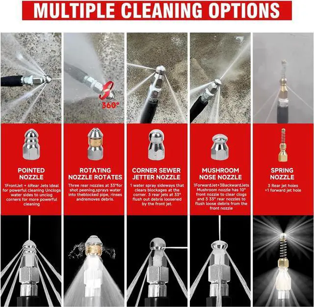 Alt view image 5 of 7 - Pressure Washer Cleaning Kit Sewer Jetter Kit for 1/4 Inch NPT Corner Max Working Pressure Drain Cleaner Hose 5800 PSI Durable Sewer Blasting Hose 5 Sewer Blasting Nozzles (150FT)