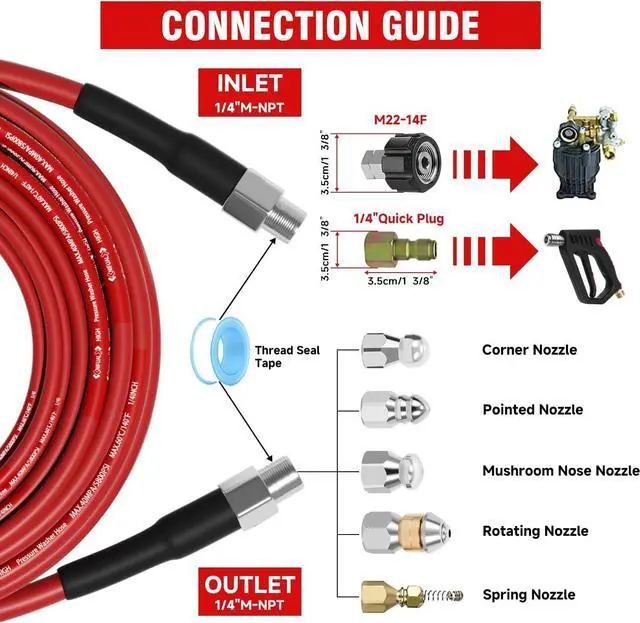Alt view image 2 of 7 - Pressure Washer Cleaning Kit Sewer Jetter Kit for 1/4 Inch NPT Corner Max Working Pressure Drain Cleaner Hose 5800 PSI Durable Sewer Blasting Hose 5 Sewer Blasting Nozzless (200FT)