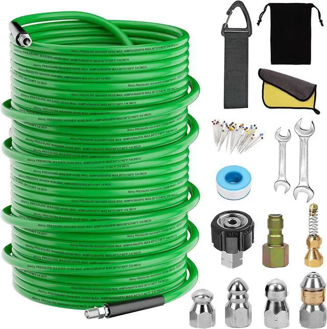 Main image of Sewer Jetter Kit for Pressure Washer,Water Jet Drain Cleaning Hose with Corner Rotating Button Spring Nose 1/4" NPT Sewer Cleaning Tool High-Pressure Nozzles,5800 PSI 200 FT