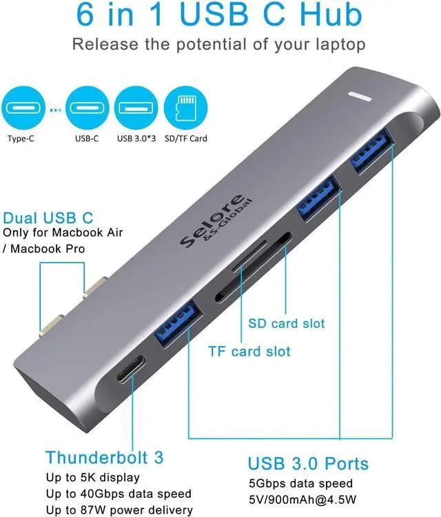 Alt view image 2 of 7 - USB C Adapter for MacBook Pro/MacBook Air M1 M2 M3 2021 2020 2019 13" 15" 16", 6 in 1 USB-C Hub MacBook Pro Accessories with 3 USB 3.0 Ports,USB C to SD/TF Card Reader and 100W Thunderbolt 3 PD Port