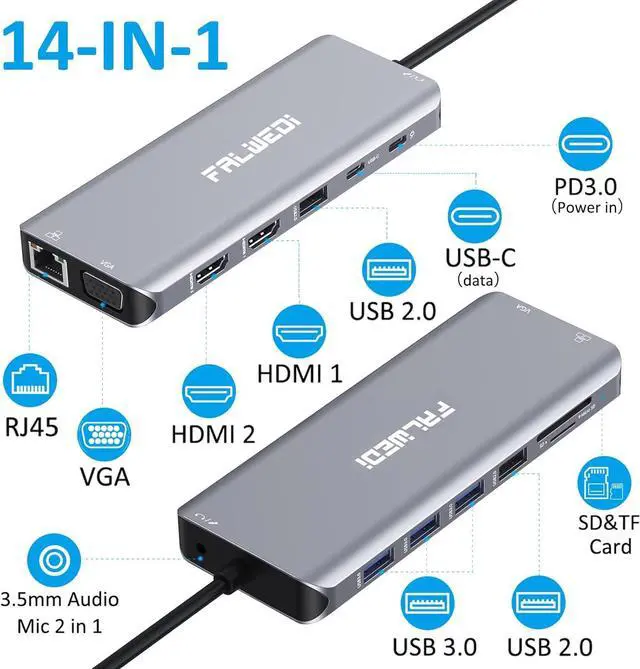 Alt view image 2 of 7 - USB C Laptop Docking Station, 14 in 1 Type C Hub Multiport Adapter Dongle with 3 Monitors, Dual HDMI, VGA, PD, Ethernet, SD/TF, USB C/A Ports, Mic/Audio, Compatible for Dell/Surface/HP/Lenovo Laptops