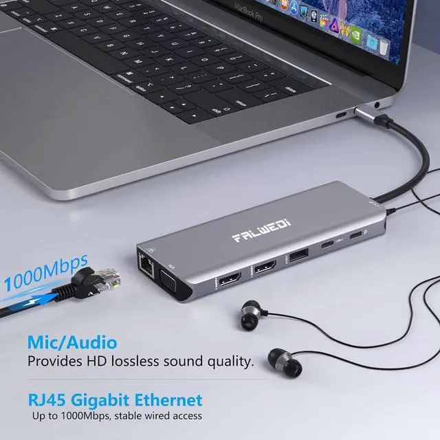 Alt view image 7 of 7 - USB C Laptop Docking Station, 14 in 1 Type C Hub Multiport Adapter Dongle with 3 Monitors, Dual HDMI, VGA, PD, Ethernet, SD/TF, USB C/A Ports, Mic/Audio, Compatible for Dell/Surface/HP/Lenovo Laptops