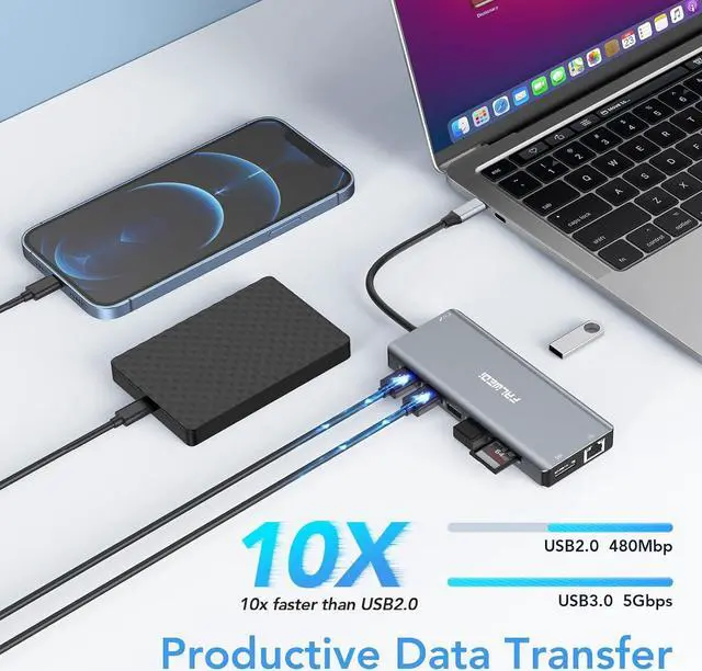 Alt view image 6 of 7 - Laptop Docking Station Dual Monitor, 14 in 1 USB C Hub Multiport Adapter Dongle with 2 HDMI, DisplayPort, Ethernet, SD/TF, USB C/A Ports, PD, Mic/Audio, Compatible for MacBook Dell HP Lenovo