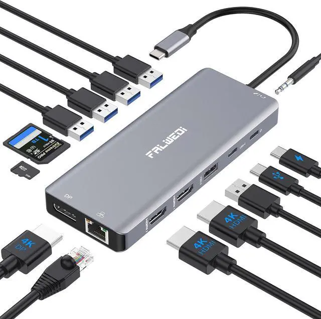 Main image of Laptop Docking Station Dual Monitor, 14 in 1 USB C Hub Multiport Adapter Dongle with 2 HDMI, DisplayPort, Ethernet, SD/TF, USB C/A Ports, PD, Mic/Audio, Compatible for MacBook Dell HP Lenovo