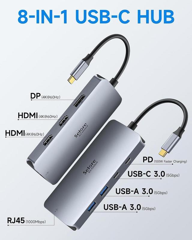 Alt view image 2 of 7 - USB C Docking Station Dual Monitor, Selore Docking Station 3 Monitors Triple 4K Display with 2 HDMI, DisplayPort, 1 Gbps Ethernet, 100W PD Charging, USB 3.0 Ports Adapter for Dell, HP, Lenovo,etc