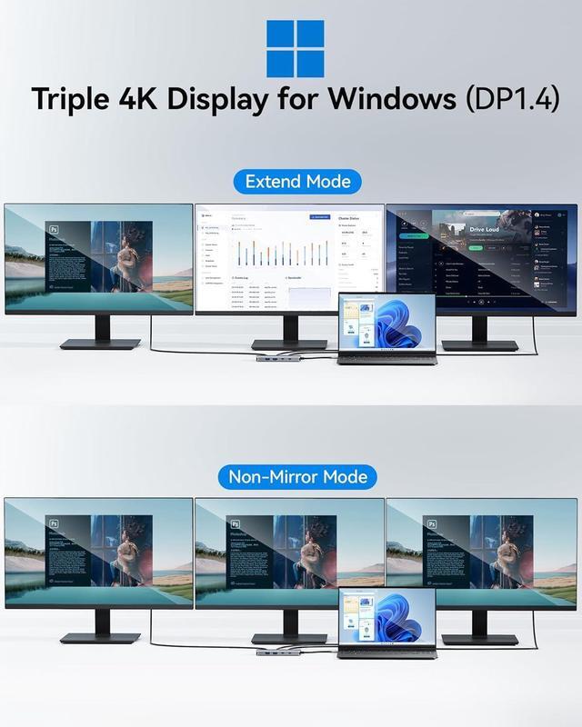 Alt view image 3 of 7 - USB C Docking Station Dual Monitor, Selore Docking Station 3 Monitors Triple 4K Display with 2 HDMI, DisplayPort, 1 Gbps Ethernet, 100W PD Charging, USB 3.0 Ports Adapter for Dell, HP, Lenovo,etc