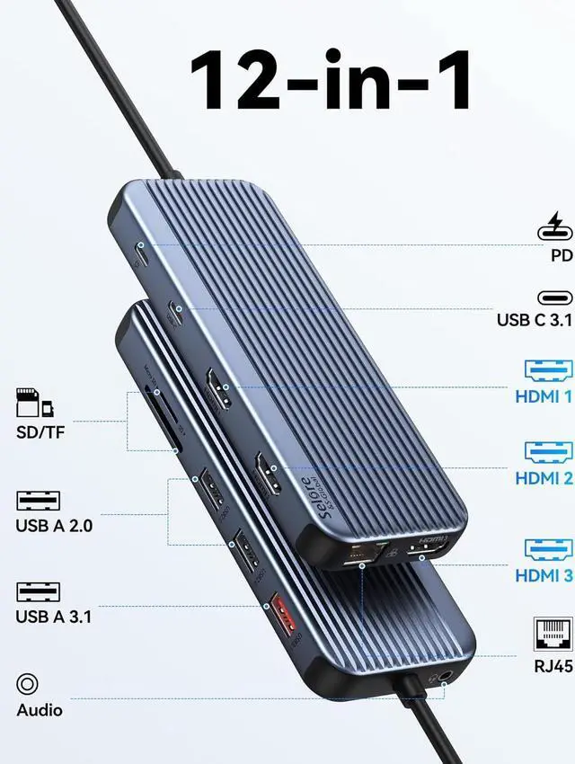 Alt view image 2 of 7 - USB C Docking Station 3 HDMI, Docking Station 3 Monitors,12 in 1 Docking Station Dual Monitor, Laptop Docking Station Triple HDMI with 10Gbps USB A/C 3.1,USB 2.0,100W PD,Ethernet, Audio&Mic,SD&TF Slot