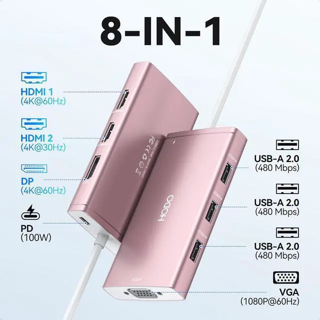 Alt view image 2 of 7 - USB C Docking Station Dual Monitor Adapter for Dell HP, Laptop Docking Station 3 Monitors Quadruple Display USB C Hub Dongle to 4K HDMI+DisplayPort+VGA,3 USB2.0,100W PD, 8 in 1 USB C Dock