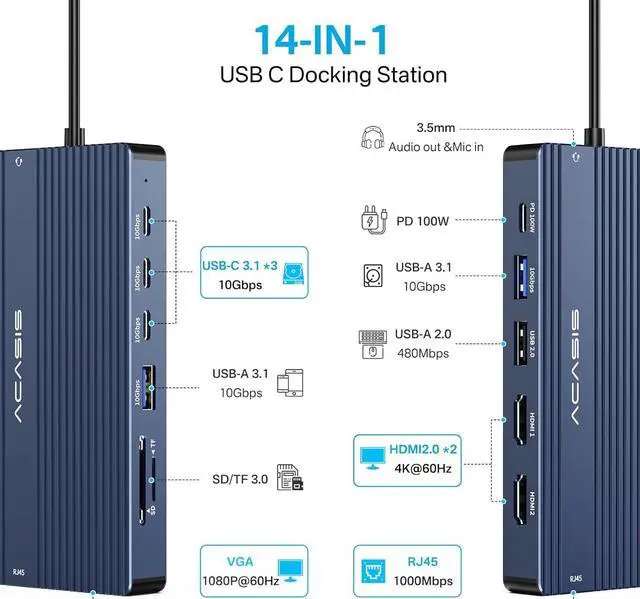 Alt view image 2 of 7 - 14 in 1 USB C Docking Station Dual HDMI Monitor, Laptop Docking Station Triple Display, 2*4K60 HDMI, 1080p VGA, Ethernet, 3 USBC 10Gbps,100W PD, SD/TF 3.0, Audio - For MacBook, Dell, Lenovo, Surface