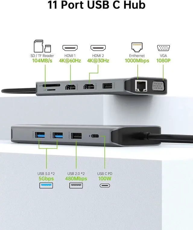 Alt view image 2 of 7 - USB C Docking Station Dual Monitor, 11 in 1 USB C Hub Triple Display, USB C to Dual HDMI Adapter with Dual 4K, VGA, Ethernet, 100W PD, 4USB for M1/M2 MacBook Pro/Air Most brands of laptops