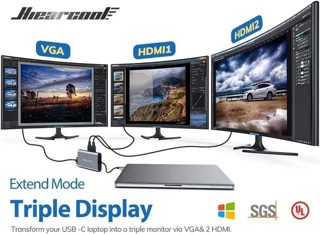 Alt view image 2 of 7 - USB C Hub, USB-C Laptop Docking Station, 11IN1 Triple Display Type C Adapter Compatible for Most brands of laptops Windows (2HDMI VGA PD3.0 SD TF Card Reader Gigabit Ethernet 4USB Ports)