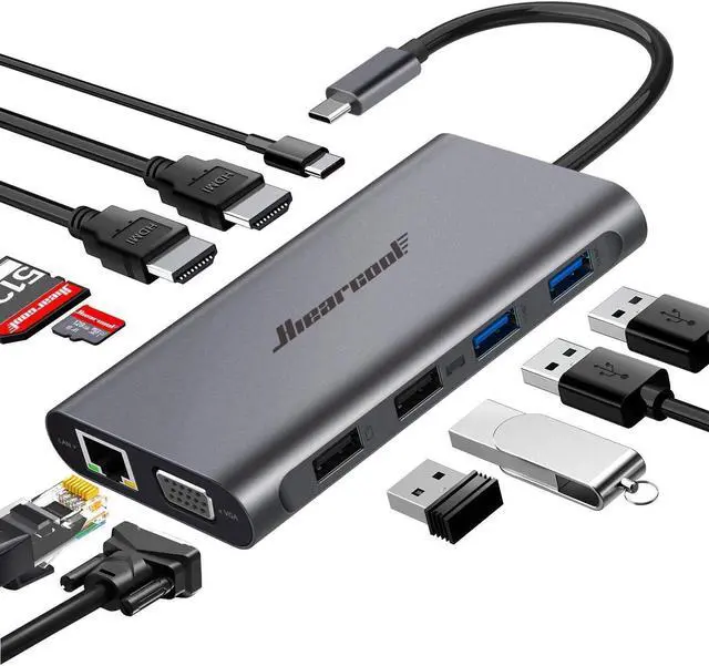Main image of USB C Hub, USB-C Laptop Docking Station, 11IN1 Triple Display Type C Adapter Compatible for Most brands of laptops Windows (2HDMI VGA PD3.0 SD TF Card Reader Gigabit Ethernet 4USB Ports)