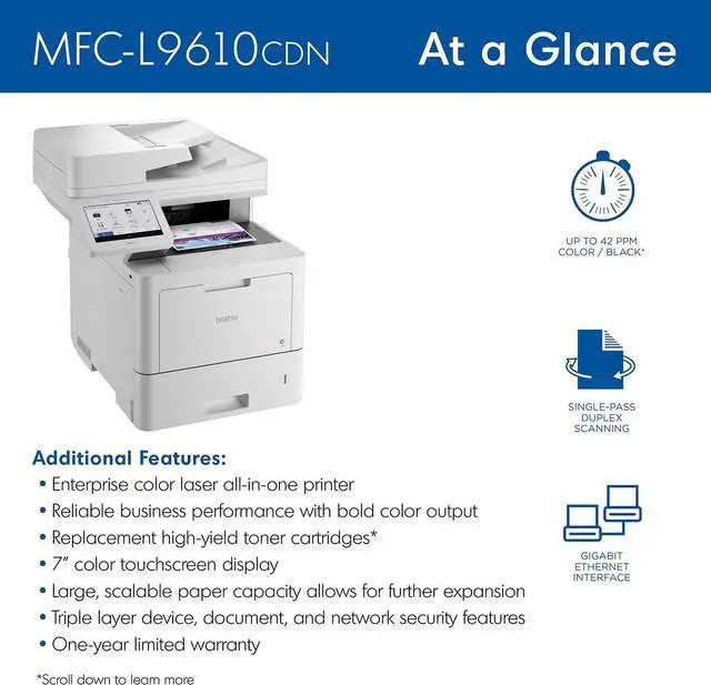 Alt view image 4 of 4 - Brother MFCL9610CDN Enterprise Color Laser AllinOne Printer with Fast Printing, Large Paper Capacity, and Advanced Security Features