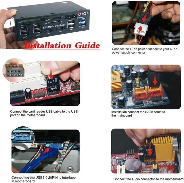 Alt view image 4 of 4 - 5.25 inch Multi-Function USB 3.0 Hub CF TF M2 SD MS Card Reader CD-ROM Front Panel Media Dashboard SATA eSATA Audio Headphone Mic