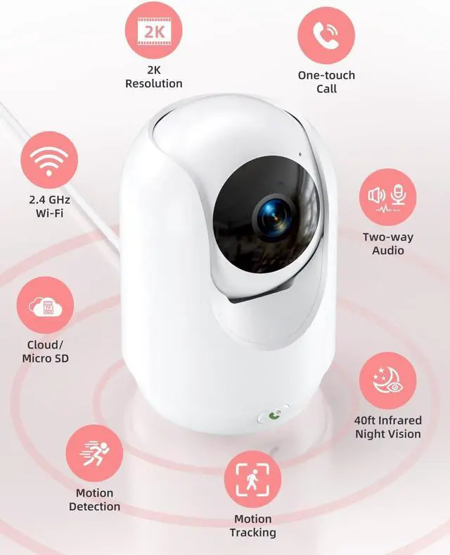 Alt view image 5 of 7 - Pet Camera, 2K Indoor Security Camera, 360° Dog Camera with Phone App, Baby Monitor w/One-Touch Call, AI Motion Detection & Tracking, IR Night Vision, Cloud/SD Card Storage, 2.4GHz Wi-Fi, Pink