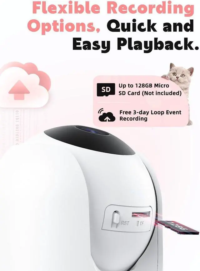 Alt view image 6 of 7 - Pet Camera, 2K Indoor Security Camera, 360° Dog Camera with Phone App, Baby Monitor w/One-Touch Call, AI Motion Detection & Tracking, IR Night Vision, Cloud/SD Card Storage, 2.4GHz Wi-Fi, Pink