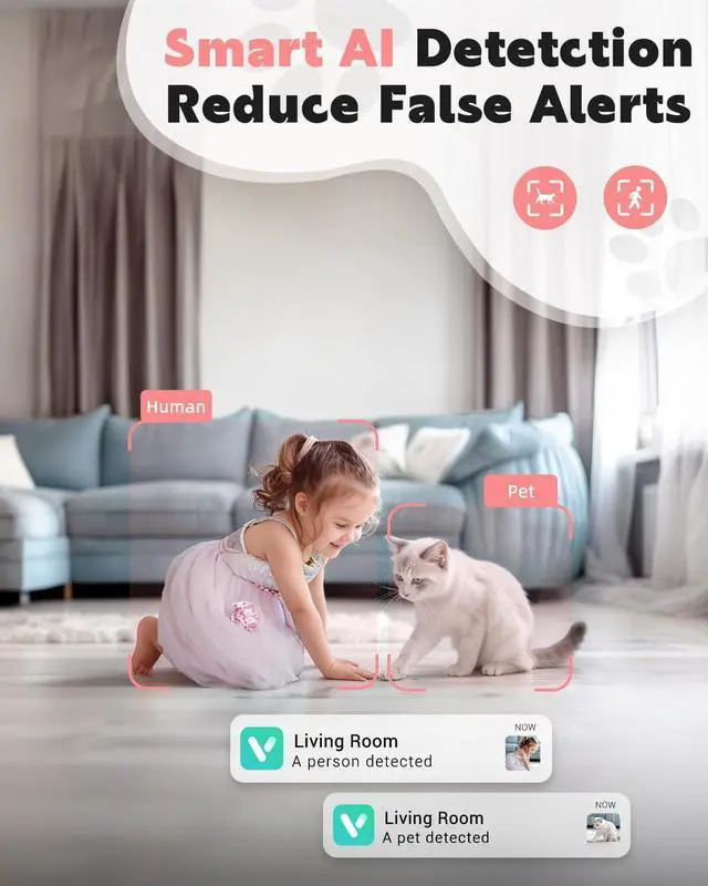 Alt view image 3 of 7 - Pet Camera, 2K Indoor Security Camera, 360° Dog Camera with Phone App, Baby Monitor w/One-Touch Call, AI Motion Detection & Tracking, IR Night Vision, Cloud/SD Card Storage, 2.4GHz Wi-Fi, Pink