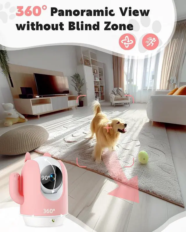 Alt view image 2 of 7 - Pet Camera, 2K Indoor Security Camera, 360° Dog Camera with Phone App, Baby Monitor w/One-Touch Call, AI Motion Detection & Tracking, IR Night Vision, Cloud/SD Card Storage, 2.4GHz Wi-Fi, Pink