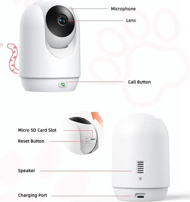 Alt view image 7 of 7 - Pet Camera, 2K Indoor Security Camera, 360° Dog Camera with Phone App, Baby Monitor w/One-Touch Call, AI Motion Detection & Tracking, IR Night Vision, Cloud/SD Card Storage, 2.4GHz Wi-Fi, Pink