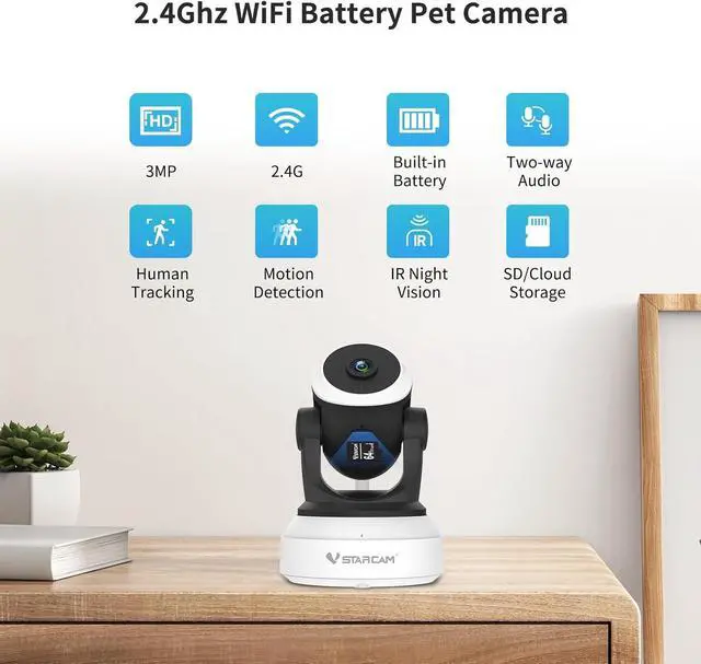 Alt view image 2 of 7 - 2K Battery Powered Security Camera, Indoor Camera Wireless with Phone App, Battery Operated Pet Camera, Baby Monitor with 2-Way Audio, Motion Detection, Auto Tracking, TF & Cloud Storage