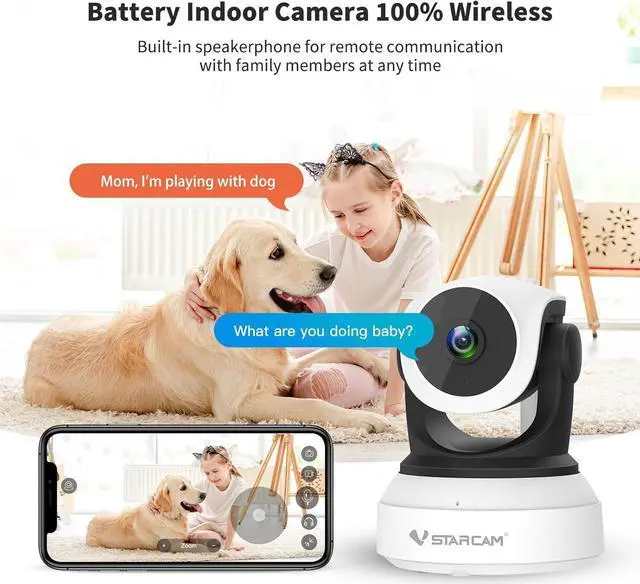 Alt view image 5 of 7 - 2K Battery Powered Security Camera, Indoor Camera Wireless with Phone App, Battery Operated Pet Camera, Baby Monitor with 2-Way Audio, Motion Detection, Auto Tracking, TF & Cloud Storage