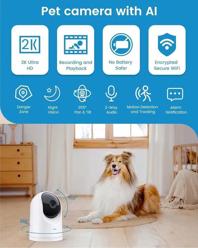 Alt view image 2 of 7 - Pet Camera Indoor, 2K High Definition Dog Camera with Phone APP, Cat Camera with 24/7 Recording with Cloud/Local SD, 2-Way Audio and Video, Night Vision, Pet Motion Tracking Alarm