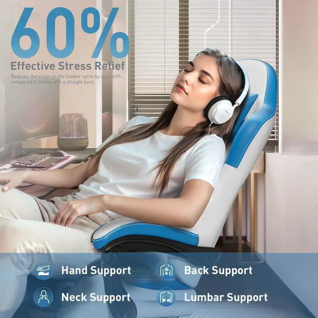 Alt view image 7 of 7 - Gaming Chair with Pocket Spring Cushion, Video Game Chair, Gaming Computer Chair, Ergonomic Chairs for Adults with Headrest and Lumbar Support, Swivel PU Leather Office Chair, White & Blue