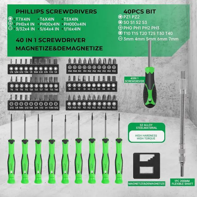 Alt view image 3 of 7 - 107-Piece Magnetic Screwdrivers Set with Case, Screw Driver Set, Includs Slotted, Phillips, Hex, Pozidriv,Torx and Precision Screwdriver Set, Tools for Men (107-Piece)